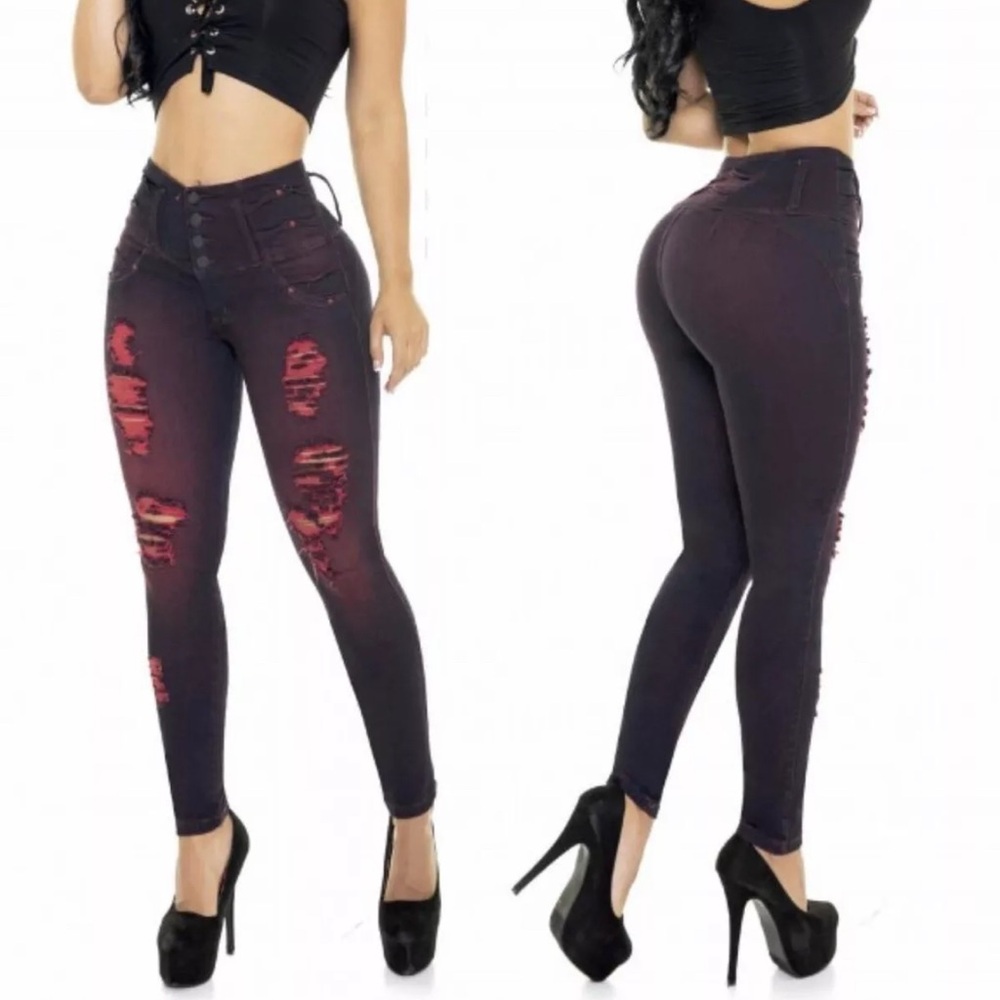 Black and Red High-Waisted Jeggings with Distressed Front